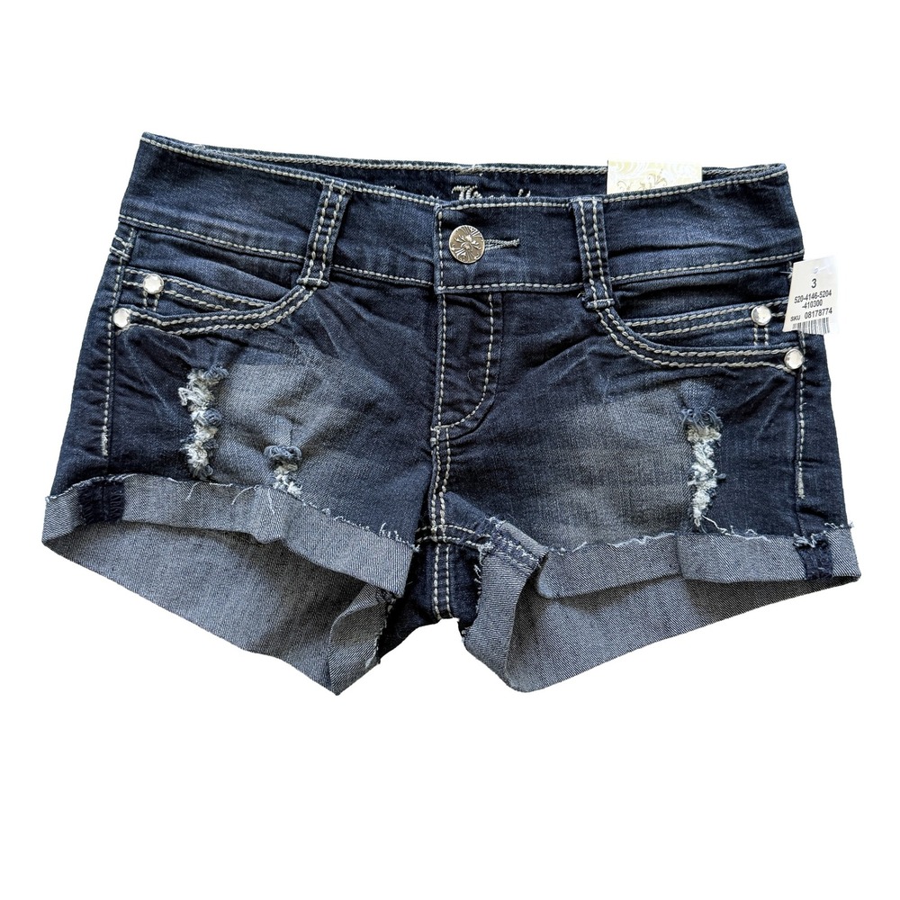 Urban Heritage Women Dark Wash Distressed Rhinestone Denim Shorts Size 3 Y2K
